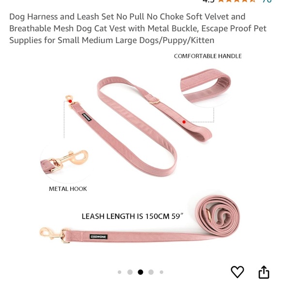 Harness and Leash Set No Pull No Choke Soft Velvet and Breathable Mesh - Picture 2 of 3